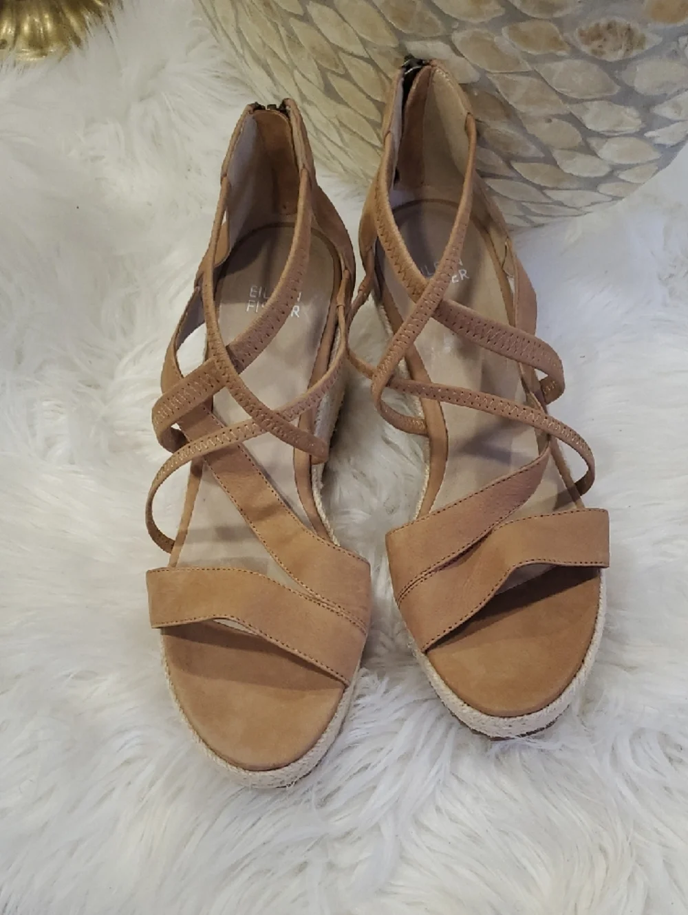 Nwot Eileen Fisher Tan Suede Crisscross Espadrille Wedges
